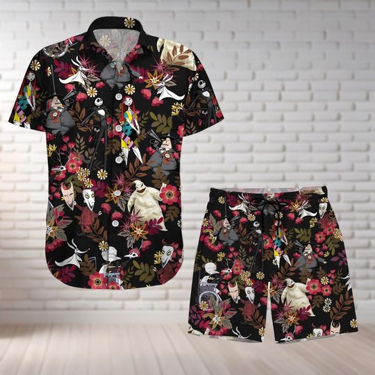 Discover Nightmare Before Christmas Button Shirt And Short, Disney Movie Hawaiian Shirt, Jack Skellington Sally Oogie Boogie Summer Beach Shirt
