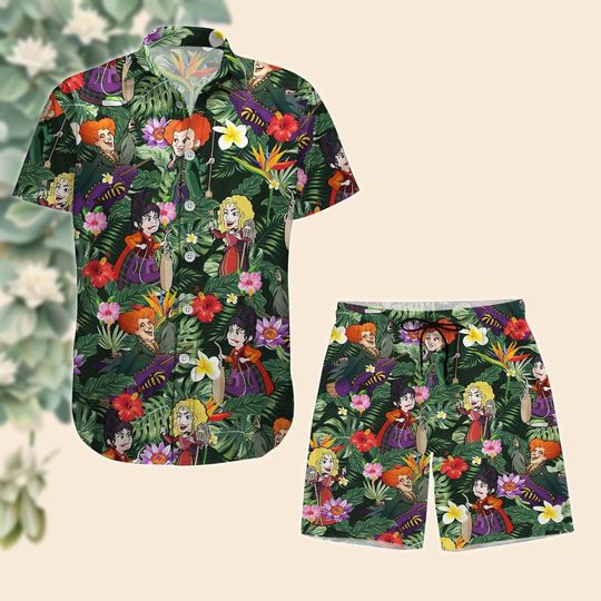 Hocus Pocus Hawaii Shirt, Sanderson Sisters Tropical Short, Witch Movie Button Shirt, Disney Movie Swim Shorts For Women