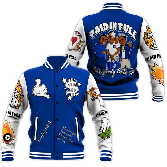 Dunkare Low Game Royal 1s Baseball Varsity Jacket, Everybody Paid In Full Graphic All Over Print Letterman Jackets