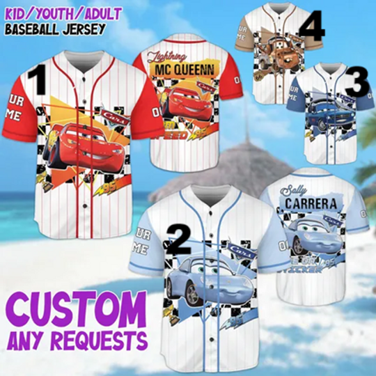 Discover Custom Disney Cars Baseball Jersey, Cars Movie Characters Jersey, Cars Lightning McQueen n Friends Jersey, Cars Lightning Kids Birthday Gift