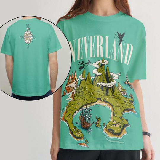 Vintage Peter Pan Neverland Map All Over Print T-shirt, Disney Neverland Island 3d Shirt, Magic Kingdom Outfit, Disneyland Family Trip Tee
