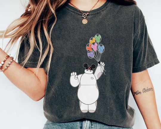 Vintage Baymax Mickey Balloon Comfort Colors Shirt, Big Hero 6 Disney Washed T-shirt, Disneyworld Shirt, Disneyland Family Trip Matching