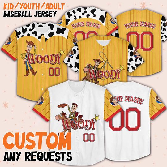 Custom Toy Story Woody Baseball Jersey, Matching Baseball Team Outfit, Adult Youth Toddler Jersey, Toy Story Jersey, Gift for Disney Fans