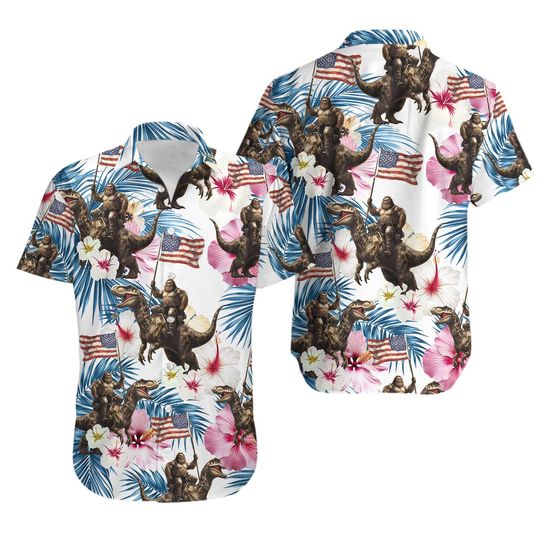 Bigfoot Riding Dinosaur Hawaiian Shirt, Bigfoot Button Up Shirt, Sasquatch Bigfoot Summer Aloha Shirt, Tropical Hawaii Shirt for Men & Women