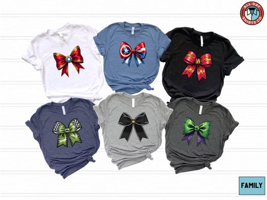 Marvel Superhero Bow Shirt, Iron Man Captain America Tee, Coquette Bow Avengers Shirt, Black Widow Hulk Lightning Bow Tee, Disney Trip Shirt