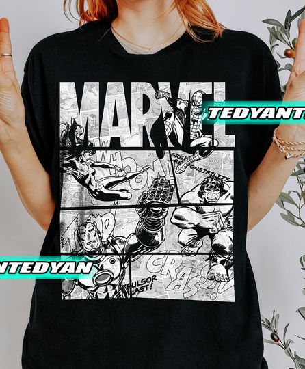Discover Marvel Avengers Retro Black and White Comic Graphic Tee, Gift For Women and Man Unisex T-Shirt