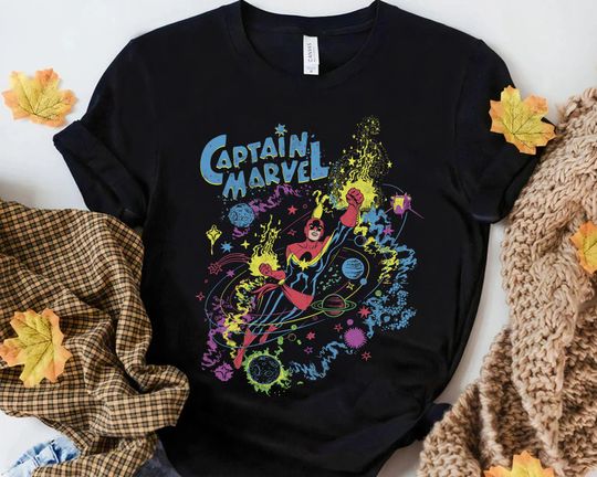 Captain Marvel Vintage Sketched Galaxy Flight Poster Retro T-Shirt, MCU Fans Marvel Studios Disneyland Family Vacation Holiday Gift