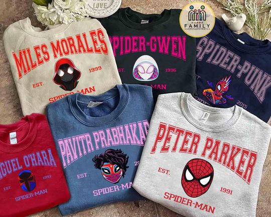 Spider Man Across The Spider Verse Group Shirt, Miles Morales, Spider Punk, Spider Gwen, Spider 2099, Spider-Women, Marvel Team Sweatshirt