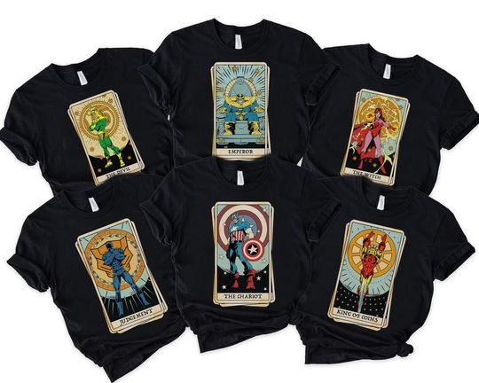 Discover Marvel Tarot Card Characters Group T-Shirt , Marvel Iron Man Captain America Loki Black Panther Shirt, Disneyland Matching Shirt, MCU Fan