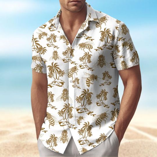 Bee Button Shirt, Bee Hawaiian Shirt Men, Honey Bee Tropical Shirts, Animals Aloha Shirts Woman, Bee Lover Tee, Couple Matching Gifts