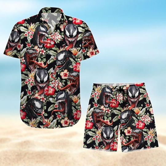 Venom Hawaiian Shirt, Venom Button Shirt, Beach Man Shorts, Horror Movie Summer Shirt, Marvel Aloha Shirt Men Women, Summer Gift