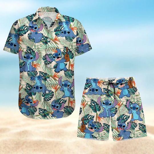 Stitch Button Shirt, Stitch Hawaiian Shirt, Disney Beach Shorts, Funny Stitch Tropical Shirt, Cartoon Movie Summer Pants, Vacation Tee