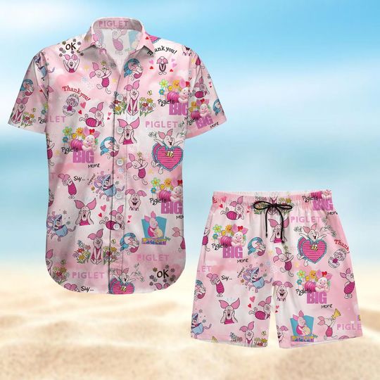 Piglet Button Shirt, Piglet Hawaiian Shirt, Disney Beach Shorts, Winnie The Pooh Summer Outfit, Party Aloha Shirts For Men Women