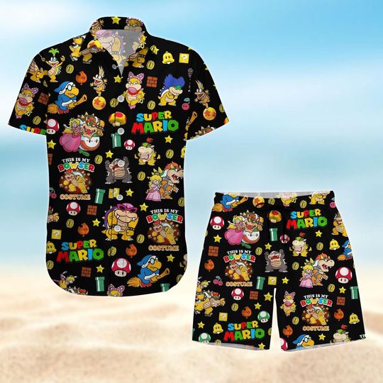 Super Mario Button Shirt, Mario Bros Hawaiian Shirt, Bowser Beach Shirt, Mario Summer Shorts Men, Game Characters Vacation Shirts