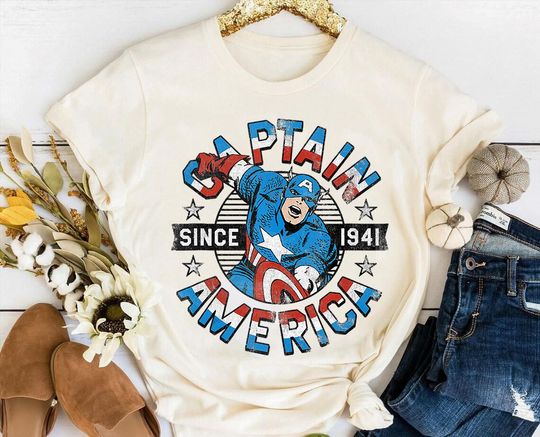 Discover Marvel The Avengers Captain America Shirt, Vintage Superhero Since 1941 MCU Universe Fan Gifts Shirt, Disneyland Family Matching Shirt