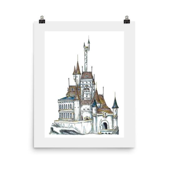 Bells Castle Art Print - Beauty and the Beast -Disney Princess  - Disney Castle Drawing - Disney Wall Decor - Disney Wall Art  - 16 x 20