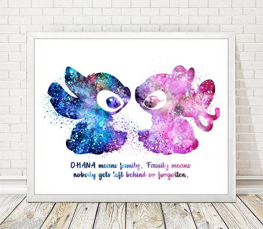 STITCH and ANGEL Print Quote Ohana Means Family Lilo and Stitch Disney Watercolor Art Print Wall Decor Home Nursery Art Children Gifts A329