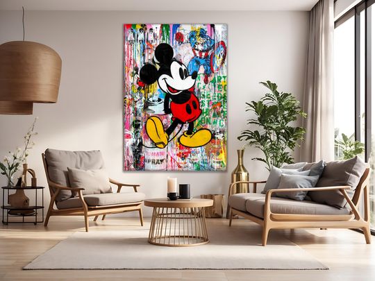 Mickey Mouse Pop Art Painting, Famous Cartoon Painting, Cartoon Wall Art Gift, Banksy Style Pop Art, Acryl and Oil Painting, Graffiti Art