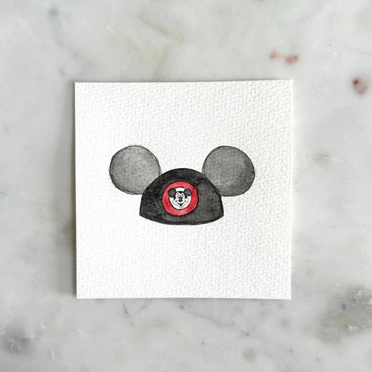 Discover disney world miniature art, mickey mouse ears, hand-painted, print of watercolor painting with sketch, 4x4