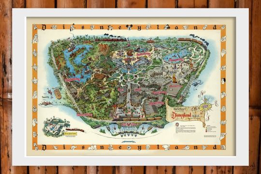 Vintage Disneyland Map circa 1958, illustrated tourist map of the Magic Kingdom, Anaheim California, Drawn by Sam McKim, Mid Century Map
