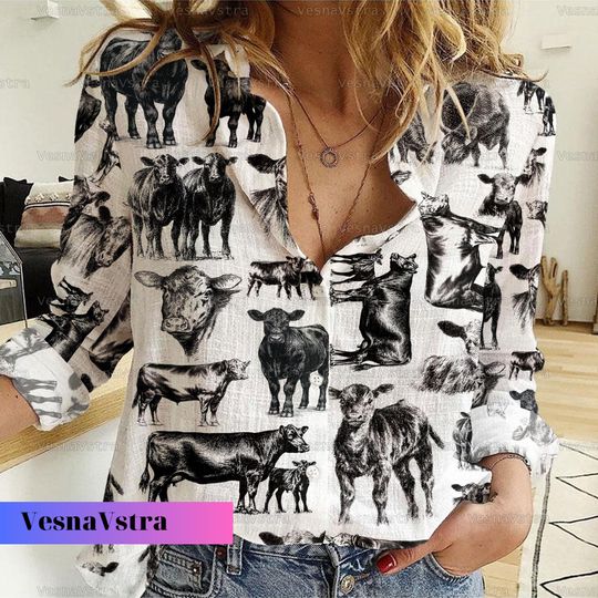 Discover Angus Cattle Women's Linen Shirt, Cow Casual Shirt, Cow Linen Blouses, Women's Shirts For Farmers, Blouse Women Shirt, Funny Cow Shirt