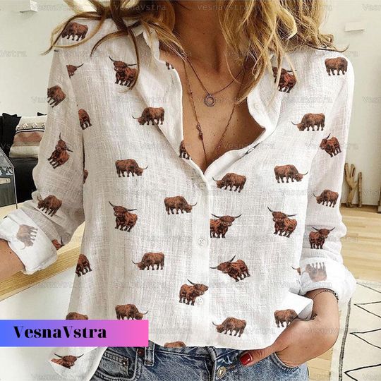 Highland Cattle Women's Linen Shirt, Cow Casual Shirt, Cow Shirts For Farmers, Linen Blouse, Highland Cows Shirt, Girl Farmer Shirt