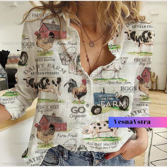 Farmer Linen Shirt, Cow Shirts For Women, Animal Farm Shirt Women, Cute Chicken Shirt, Cow Shirt, Cow Mom Shirt, Pig Shirt