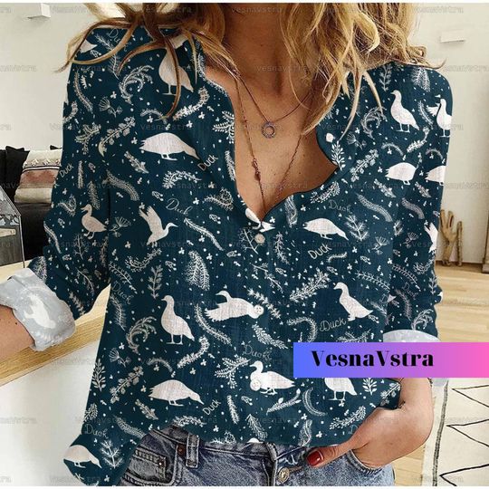 Duck Navy Pattern Linen Shirt, Funny Duck Shirt, Duck Women Shirt, Linen Shirt Women, Duck Women Blouses Shirt, Farm Life Shirt