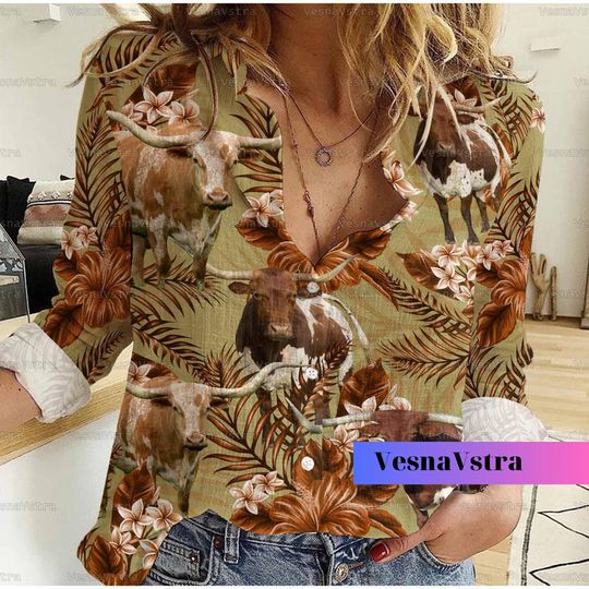 Texas Longhorn Cow Shirt, Cow Shirt For Women, Cow Linen Shirt, Mother Day Shirt, Cowboy Casual Shirt, Farm Linen Shirt