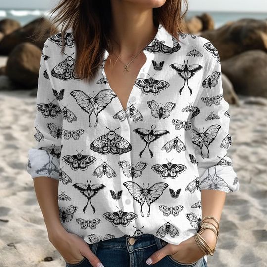 Butterfly and Moth Linen Shirt, Cottagecore Aesthetic Shirt, Botanical Outfit, Linen Blouse, Shirt For Women, Women Shirt