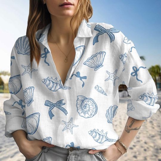 Beach Linen Shirt, Coastal Vacation Shirt, Seashell Print Blouse, Summer Button Up, Lightweight Linen Top, Casual Beachwear