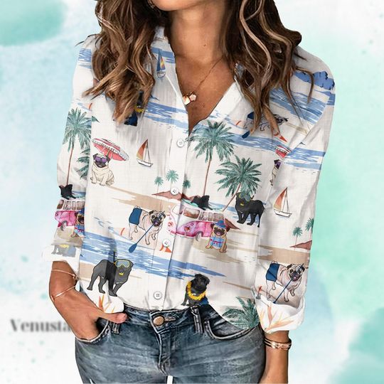 Discover Pug Linen Shirt, Pug Shirt For Her, Pug Summer Shirt, Pug Button Down Shirt, Cute Animal Shirt, Mother Gift, Dog Love Outfit