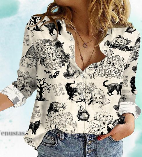 Vintage Hocus Pocus Linen Shirt, Sanderson Sisters Casual Blouse Women Shirt, Disney Halloween Linen Shirt, Linen Gift For Mom