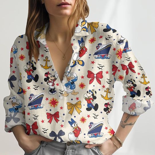 Disney Cruise Coquette Girls Linen Shirt, Family Trip 2025 Casual Shirt, Mickey Cruise Women Blouses, Cartoon Dream Magic Kingdom Tee