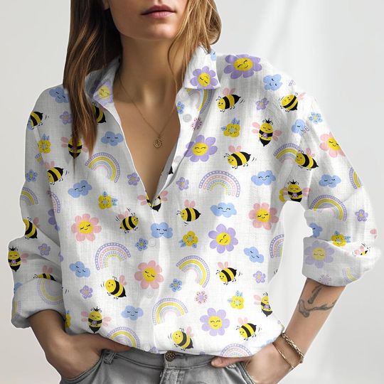 Bee And Sunset Linen Shirt, Flowers Bee Blouses Tops Women, Summer Casual Shirt For Mother's Day, Cute Honey Linen Tee, Gift For Her