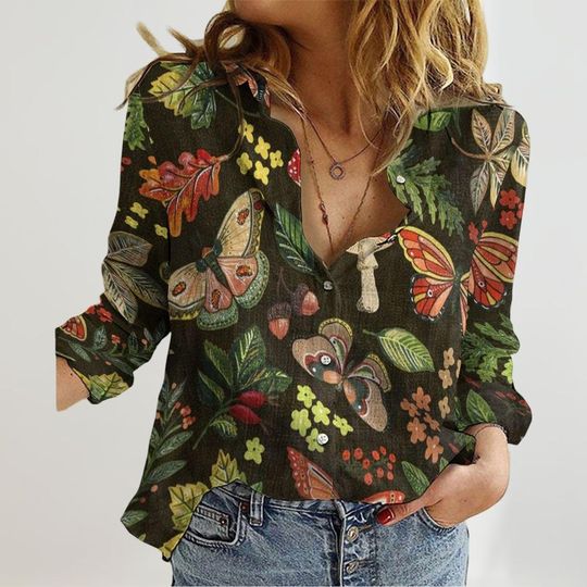 Vintage Mushroom Linen Shirt, Butterflies Women Shirt, Wild Flower Long Sleeve Shirt, Mushroom Collector Blouses Tops Women, Mom Gifts
