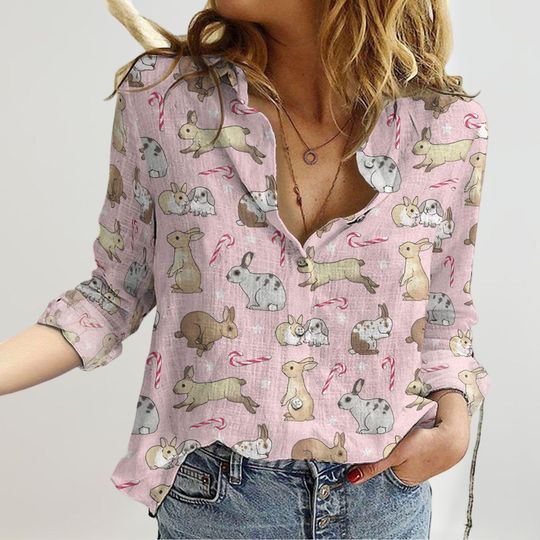 Retro Rabbit Linen Shirt, Cute Rabbit Blouse Women Shirt, Woodland Animals Long Sleeve Casual, Garden Shirt Women, Mothers Day Shirt