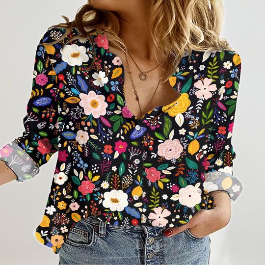 Wildflower Linen Shirt Women, Garden Casual Shirt, Plant Lover Women Shirts, Long Sleeve Shirt For Mom, Nature Love Blouse Tops Women