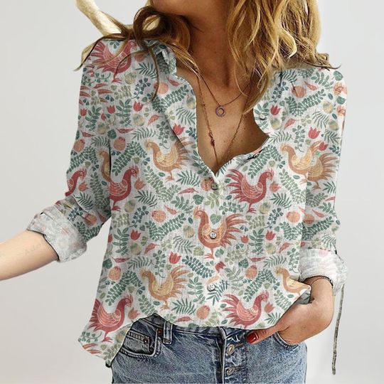 Orange Chickens Linen Shirt Women, Farmer Long Sleeve Shirt, Chicken Women Shirts, Nature Love Blouses Women, Animals Tee For Mom