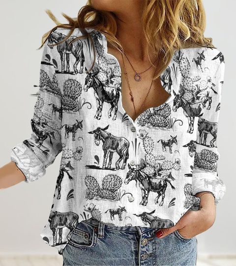 Mexico Donkeys Linen Shirt Women, Western Donkeys Blouses Tops Women, Desert Casual Shirt, Animals Long Sleeve Shirt For Her