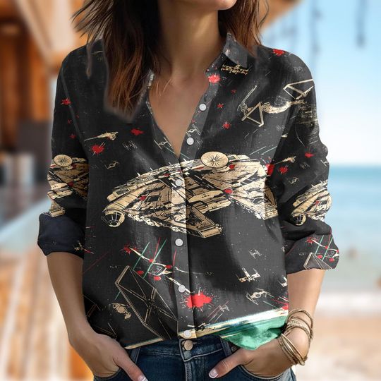 Star Wars Shirt, Spaceship Casual Button Down Shirt, Marvel Star Wars Cartoon Women Blouses Shirt, Galaxy's Edge Shirt, Summer Trip Gift