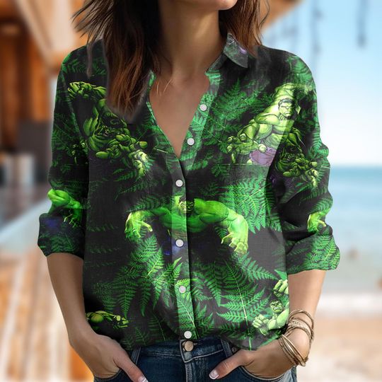 Hulk Women Casual Shirt, Tropical Marvel Hulk Shirt, Cartoon Women Blouses Shirt, Magic Kingdom Shirt, Superhero Family Trip Gift