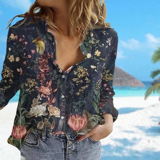 Wildflower Blouses Women Shirt, Garden Casual Shirt, Plant Lover Women Shirts, Long Sleeve Shirt For Mom, Nature Love Blouse Tops Women