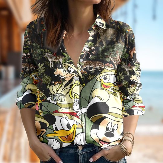 Disney Mickey Mouse Women Casual Shirt, Minnie Mouse Pluto Shirt, Safari Cartoon Blouse Women Shirt, Gift For Women, Magic Kingdom Shirt