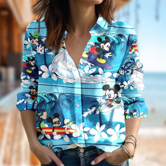Disney Mickey Mouse Surfing Shirt, Mickey Mouse Casual Long Sleeve Button Down Shirt, Cartoon Women Blouses Shirt, Magic Kingdom Trip Shirt