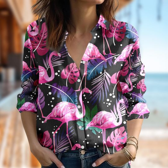 Flamingo Women Casual Shirt, Flamingo T-Shirt, Flamingo Button Up Shirt, Pink Flamingo Shirt, Animal Lover Tee, Summer Trip Gift For Women
