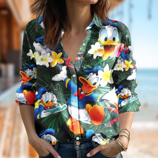 Disney Donald Duck Women Shirt, Donald Duck Button Up Shirt, Cartoon Shirt For Women, Magic Kingdom Women Blouses Shirt, Family Trip Tee