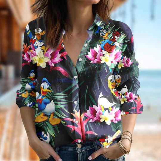Tropical Disney Donald Duck Shirt, Donald Duck Casual Shirt, Cartoon Shirt For Women, Magic Kingdom Women Blouses Shirt, Family Trip Tee