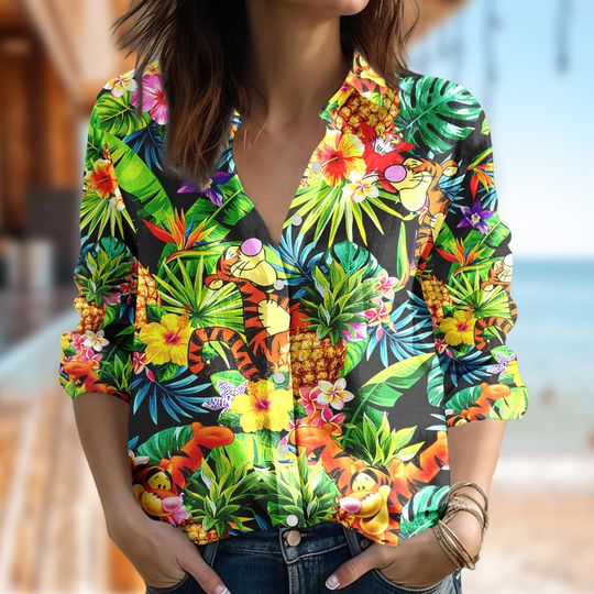 Tropical Disney Tigger Shirt, Winnie the Pooh Casual Women Shirt, Animated Cartoon Blouses Women T-Shirt, Disneyland Magic Kingdom Gift