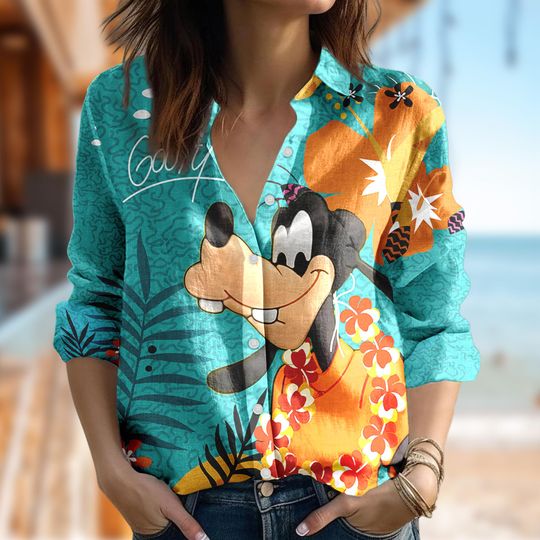 Tropical Disney Goofy Casual Women Shirt, Goofy Aloha Blouses Shirt, Cartoon Gift For Women, Magic Kingdom T-Shirt, Summer Family Trip Tee